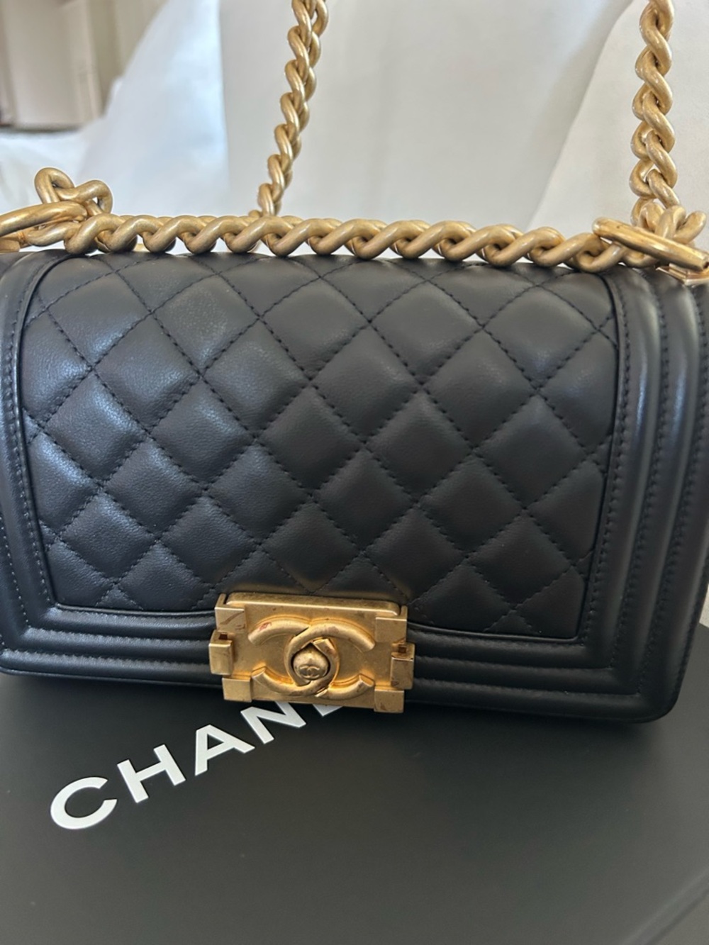 CHANEL Black Quilted Boy Shoulder Bag with Gold Hardware